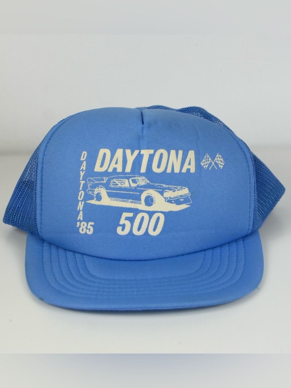 Vintage 1985 Blue Daytona 500 Snapback Trucker Hat